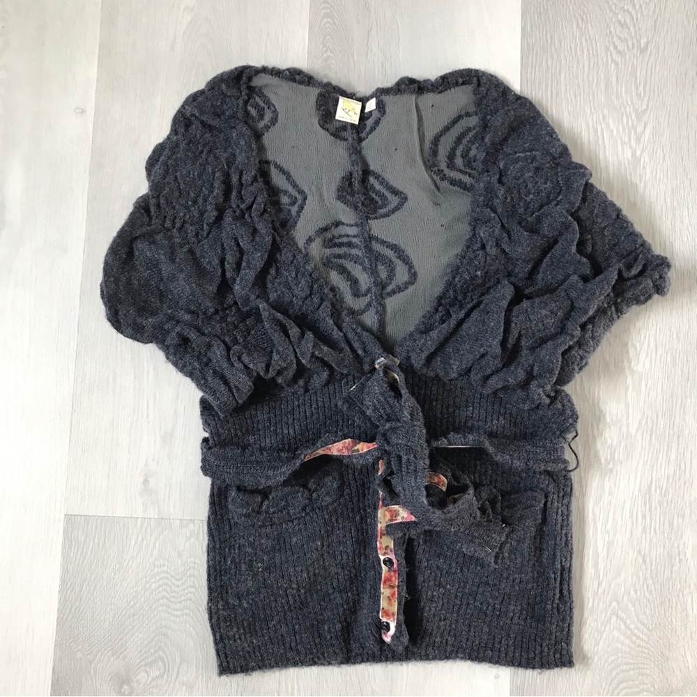 VTG ANTHROPOLOGIE CARDIGAN VEST GRAY 3D KNIT CHUNKY SHORT SLEEVE WOMENS M/L